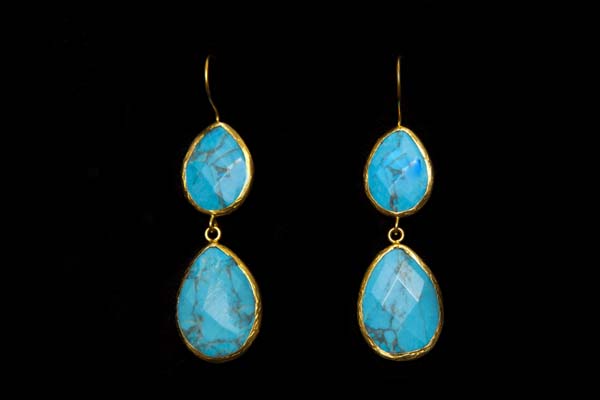 A Pair Of Gold Plated Rimmed Double Teardrop Earrings Inlaid With Turquoise Facetted Cabochons
