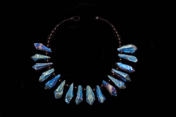 A Necklace Of Dark Blue Electroplated Rock Crystal Facetted Teardrops With Black Agate Round Spacers