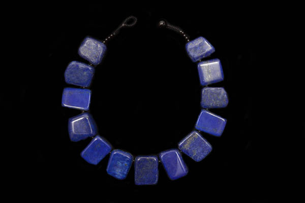 A Necklace Of Afghan Lapis Lazuli Rectangular Drops With Small Black Agate Round Spacers
