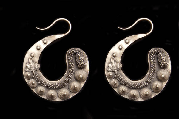 Miao Silvered Metal Very Large Curved Band Earrings Each Decorated With A Dragon And Circular Knobs