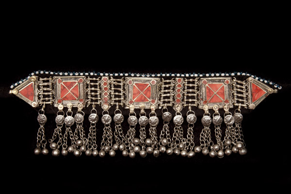 A Kochi Silvered Metal Seven Panelled Fringed Choker, The Panels Inlaid With Orange Dyed Howlite