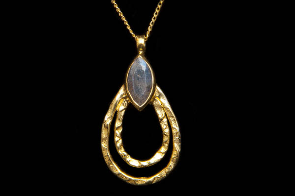 A Gold Plated Chain Necklace With A Double Loop Teardrop Pendant Decorated With A Labradorite Pointed Oval Cabochon