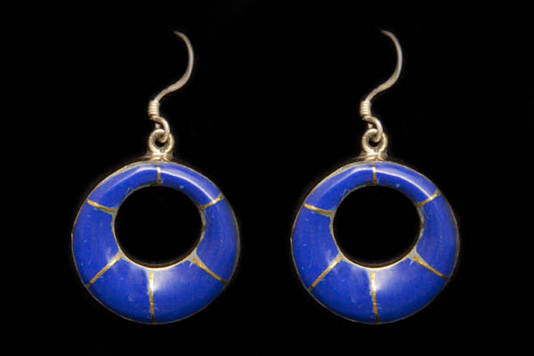 A Pair Of Silver Circular 'Donut' Earrings Decorated With Six Lapis Lazuli Curved And Domed Graduated Inlays