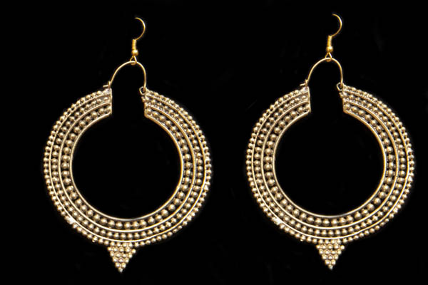 A Pair Of Brass Wide Hoop Earrings With Three Circular Bands, Each Decorated With A Row Of Round Beads.