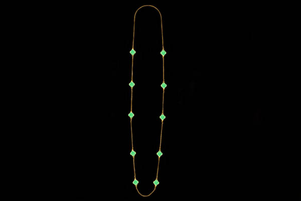 A Gold Plated Fine Chain Long Necklace Decorated With Ten Green Enamel 'Four Leaf Clover' Plaques