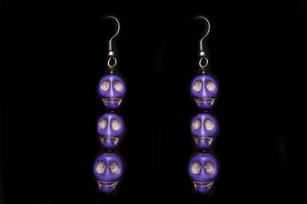 A Pair Of Purple Dyed Howlite Three Skull Beads Drop Earrings With Black Onyx Small Round Spacers