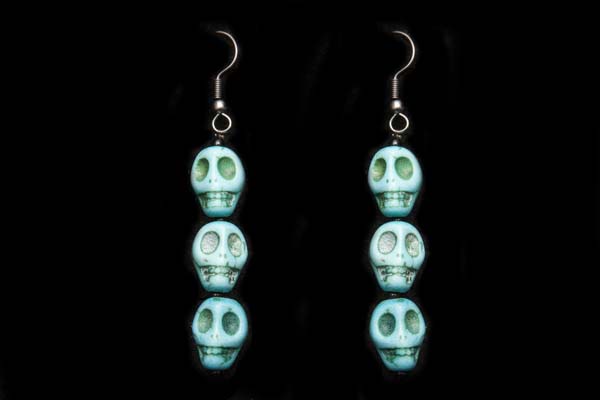 A Pair Of Turquoise Dyed Howlite Three Skull Beads Drop Earrings With Black Onyx Small Round Spacers