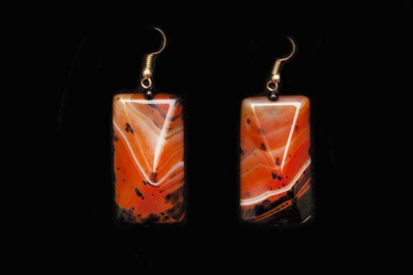 A Pair Of Orange And Black Cornelian Natural Patterned Domed Facetted Rectangular Drops Earrings
