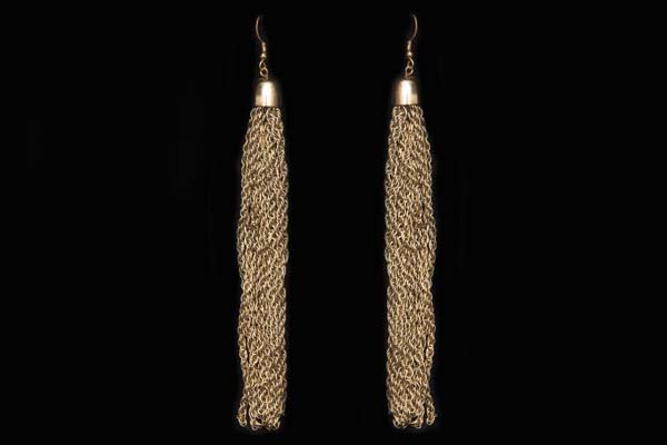 A Pair Of Earrings Each With Ten Long Brass Chains Suspended From A Domed Circular Cap