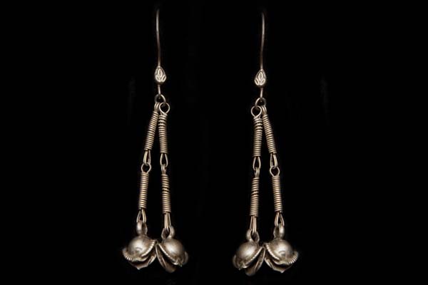 Afghan Silver Two Drops Earrings, Each With Two Linked Silver Wire Covered Bands And A Bell Pendant