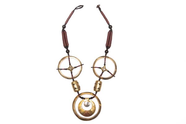 A Long Necklace Of West African Brass Rings And Beads, Black Glass Beads, And Brown Vinyl Discs.