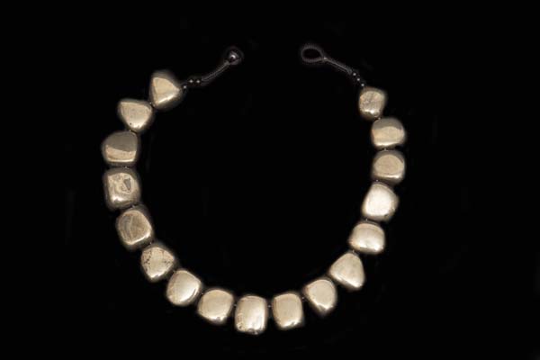 A Necklace Of Seventeen Peruvian Pyrites Polished Tumbled Drops With Black Onyx Round Spacers