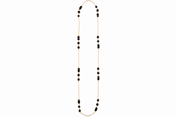 A Gold Plated Chain Links Long Necklace Decorated With Eight Groups Of Three Black Agate Cabochons