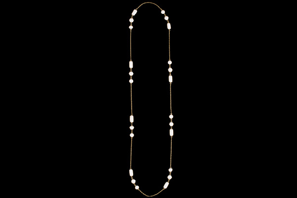 A Gold Plated Chain Links Long Necklace Decorated With Eight Groups Of Three White Agate Cabochons