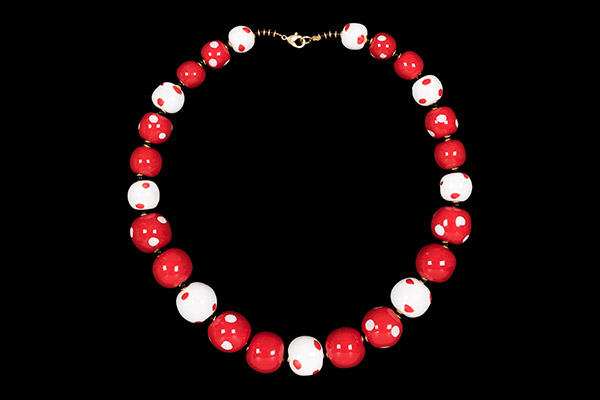 A Kenyan Necklace Of Red And White Hand Painted Patterned Glazed Ceramic Graduated Sized Round Beads