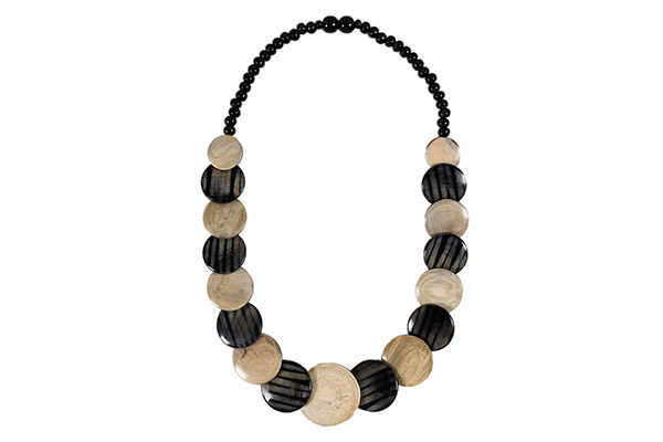 A Long Necklace Of Buffalo Horn And Resin Dark Striped And Beige Overlapping Circular Discs