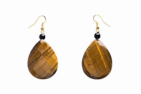 A Pair Of Golden Tiger's Eye Large Facetted Teardrop EarringsWith Black Onyx Round Beads