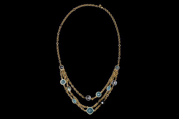 A Gold Plated Three Strand Chain Links Necklace With Labradorite, Aquamarine, And Rock Crystal Beads