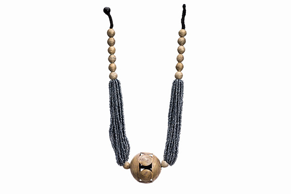 A West African Long Necklace With Baule Brass Patterned Beads And Small Metallic Grey Glass Beads