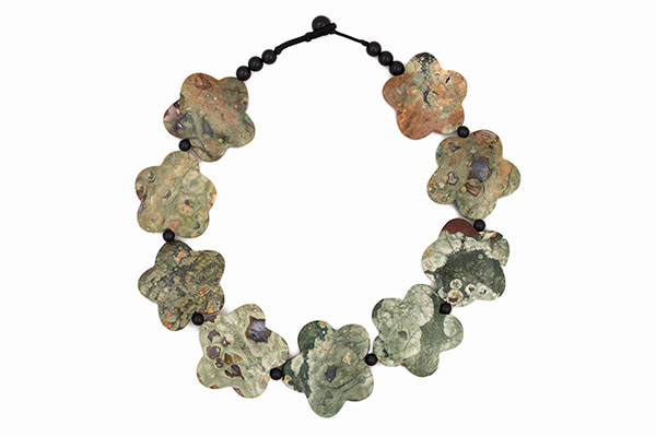 A Necklace Of Nine Ocean Jasper Five Petalled Flower Beads With Black Onyx Round Spacers And Beads