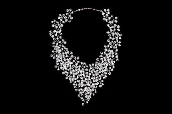 A Silvered Metal Wires Triangular Shaped Necklace Decorated With Silvered Facetted Glass Beads