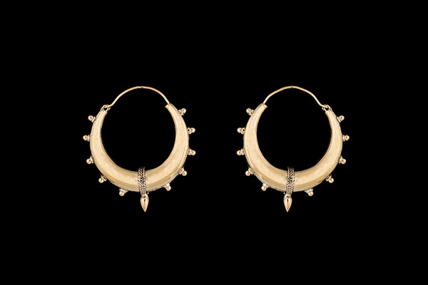 Golden Metal Tapered Tube Hoop Earrings Decorated With Ten Knobs And A Pointed Oval Pendant