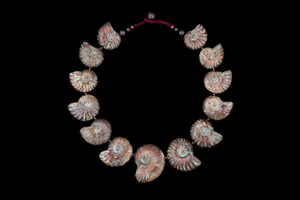 A Necklace Of Madagascar Red Iridescent Ridged Ammonite Fossils With Garnet Small Round Spacers