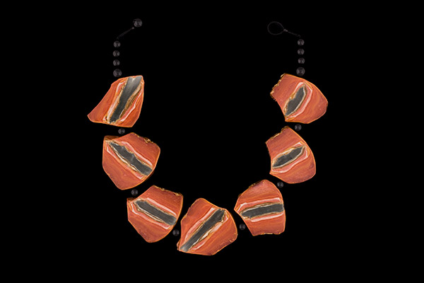 A Necklace Of Seven Large Jasper Brown, Grey, And Cream, Patterned, Irregular Shaped Sliced Beads