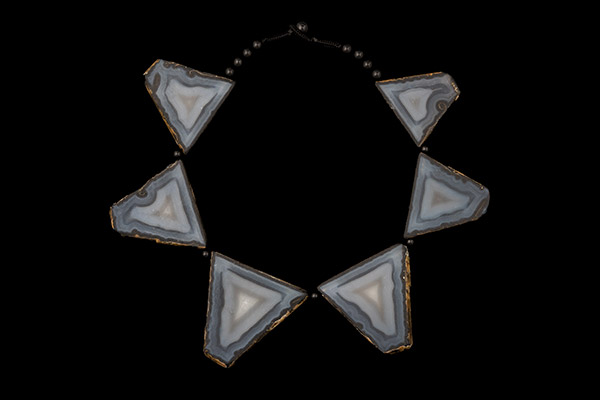 A Necklace Of Large Graduated Polyhedral Agate, Grey And Black, Triangular Sliced Beads