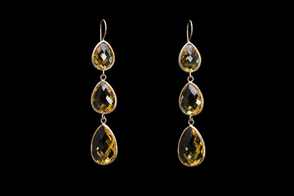 A Pair Of Gold Plated Three Teardrops Earrings, Each Inlaid With 'Golden Citrine' Facetted Glass