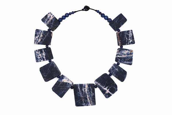 A Necklace Of Eleven Dark Blue Sodalite Graduated Rectangular Drops With Lapis Lazuli Round Spacers