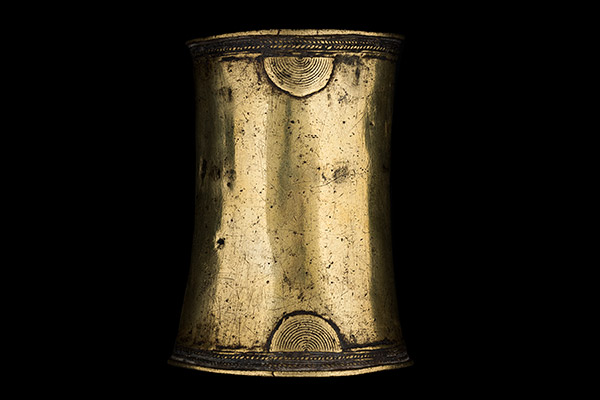A Baule Brass Old Tribal Long Open Cuff, Decorated With Six Semi-Circular Grooved Panels