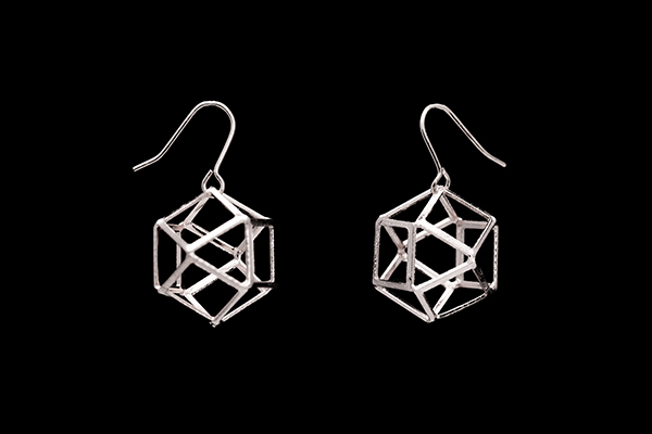 A Pair Of Silver Metal Polygonal Shaped Multi-Band Drop Earrings