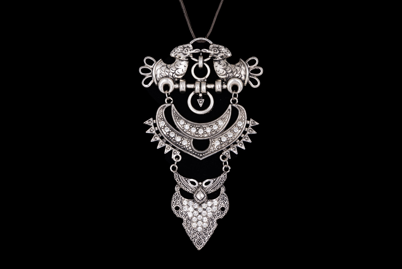 A Silvered Metal Three Linked Patterned Panels Pendant, Inlaid with Small Clear Glass Facetted Beads, On A Silver Plated Chain Necklace.