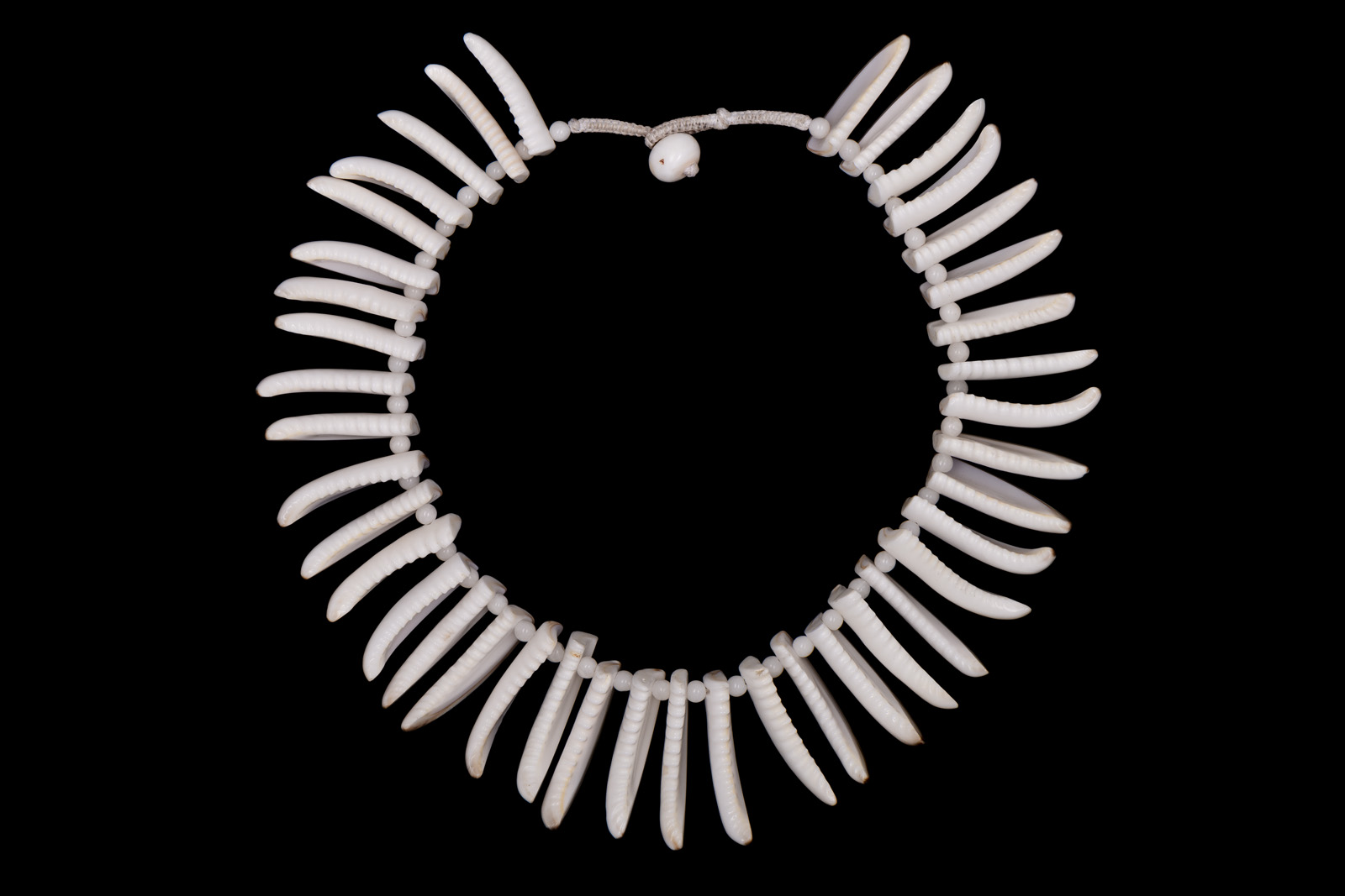 A Necklace Of Thirty-Nine Curved And Tapered White Shell Sliced Drops, With Small White Glass Round Bead Spacers