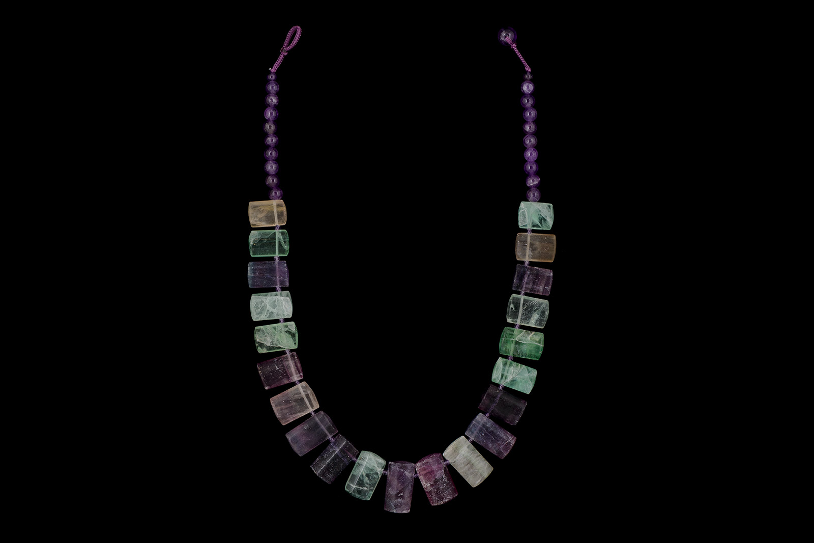 A Necklace Of Twenty-One Chinese Fluorite Domed Rectangular Graduated Drops With Brazilian Amethyst Round Spacers And Beads