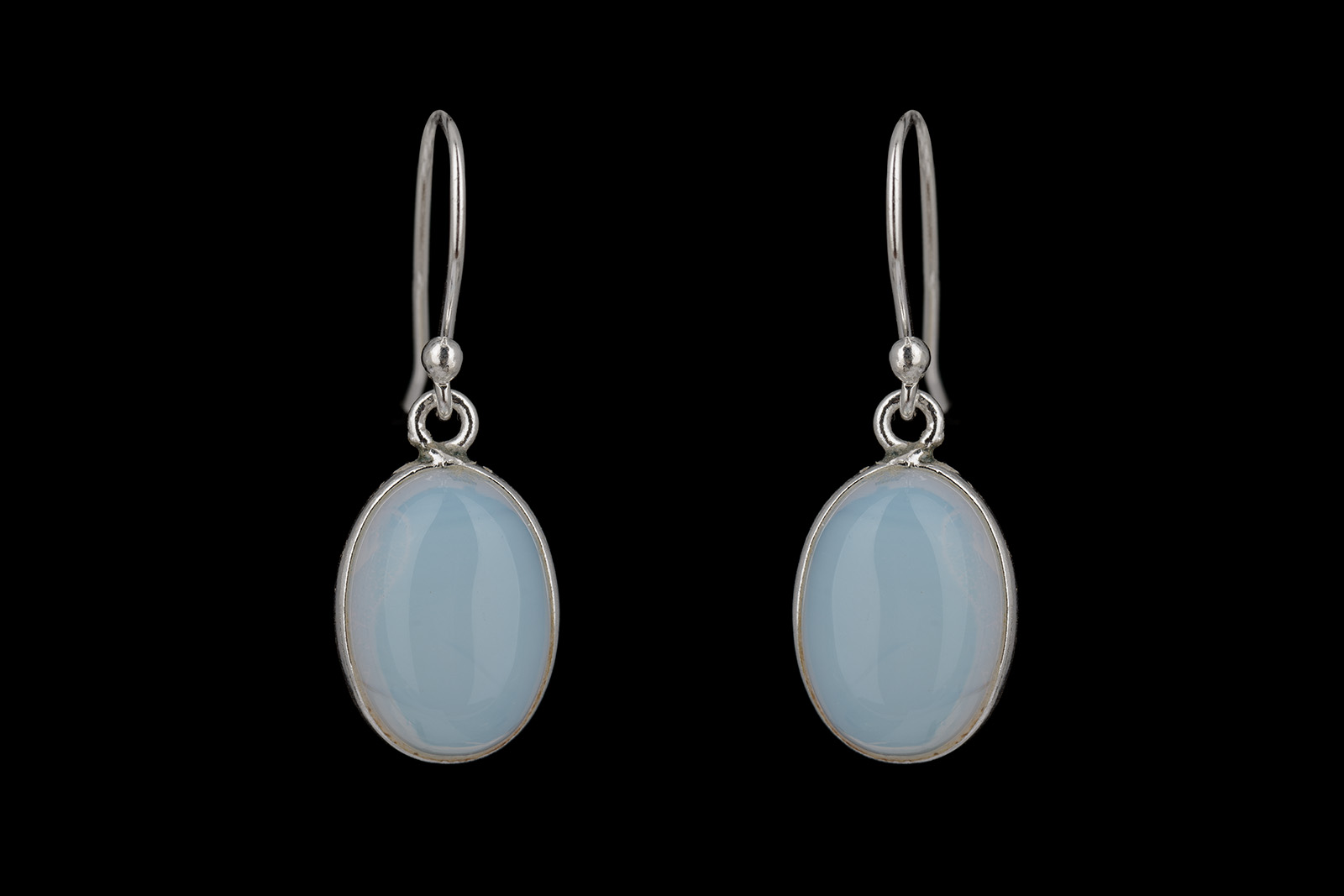 A Pair Of Small Silver Oval Band Earrings, Each With An Opalite Glass Domed Oval Inlay.