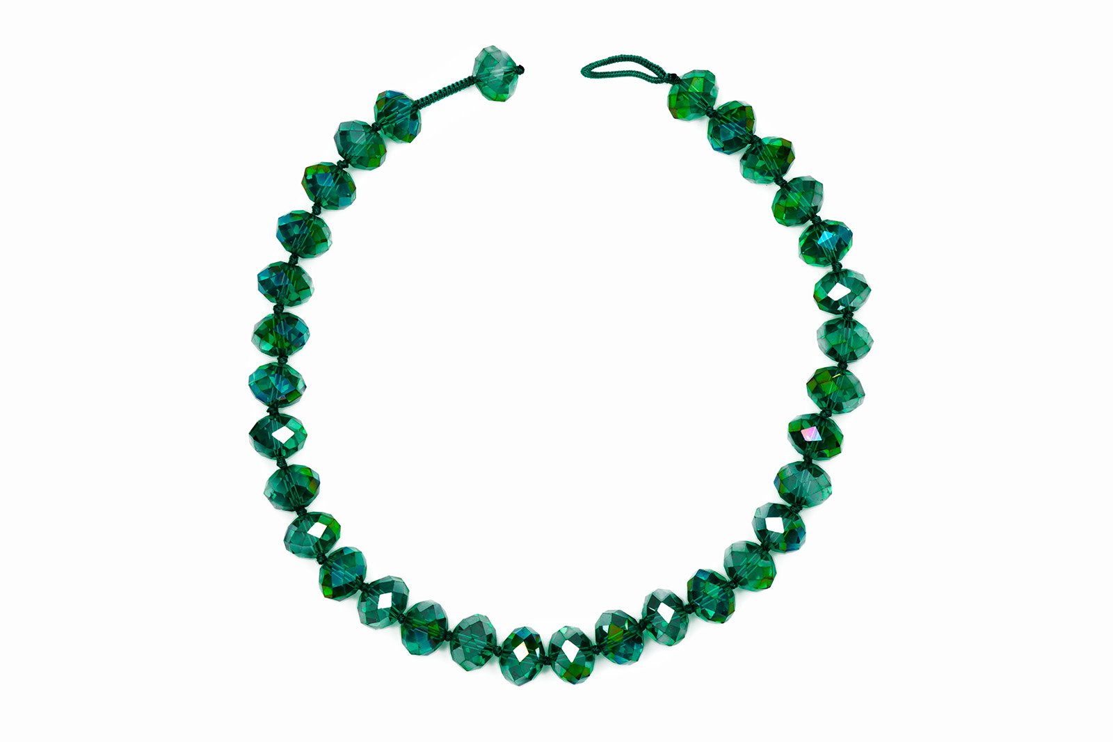 Green Facetted Glass Button beads Knotted Necklace