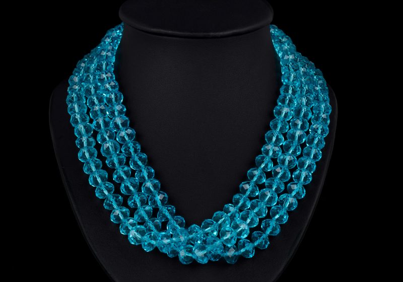 Turquoise Facetted Glass Button beads Knotted Three Row Necklace