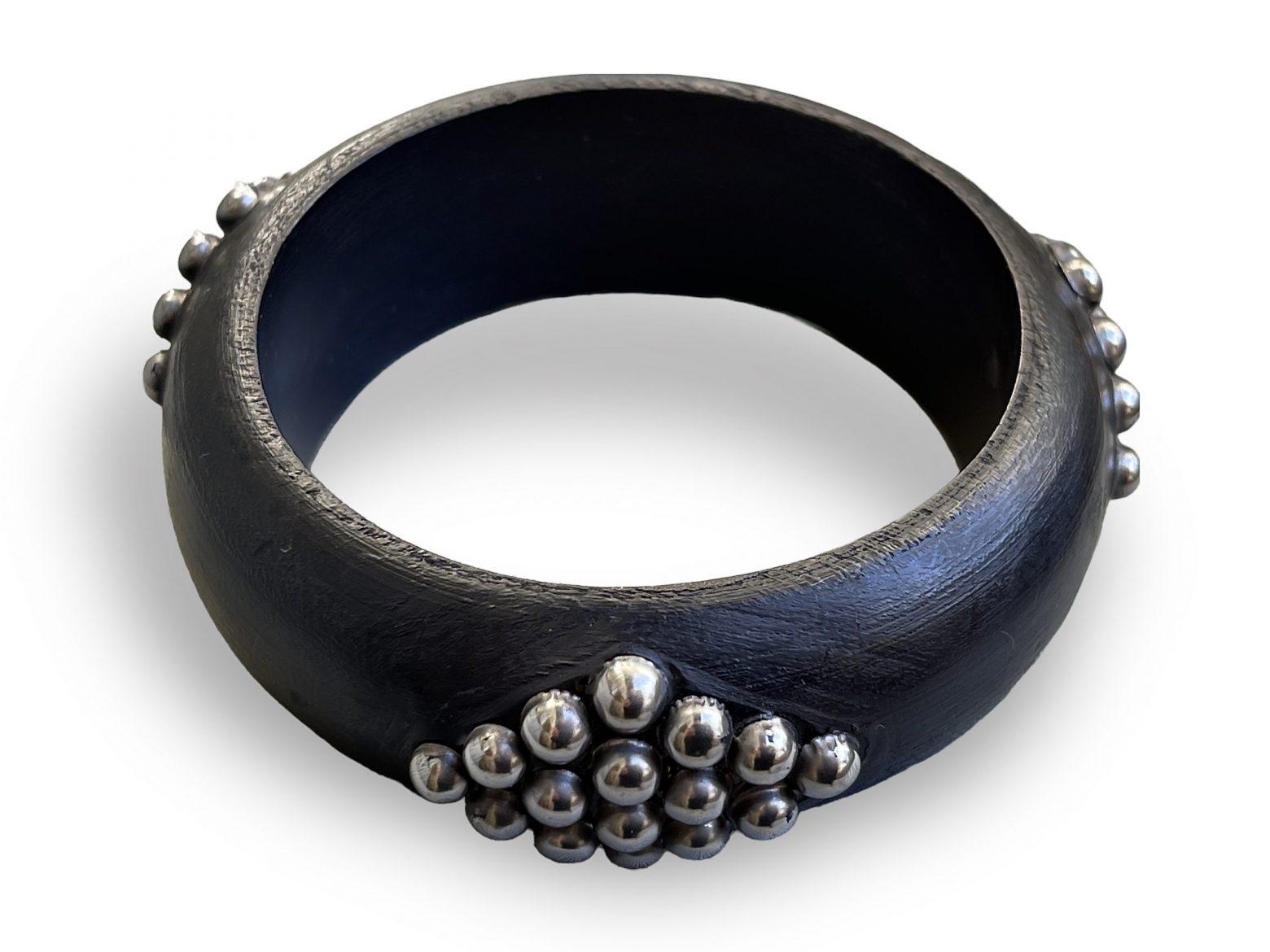 A Dark Wood Curved Rim Bangle, Decorated With Three Diamond Shaped Groups Of Sixteen Silvered Metal Studs - Image 2