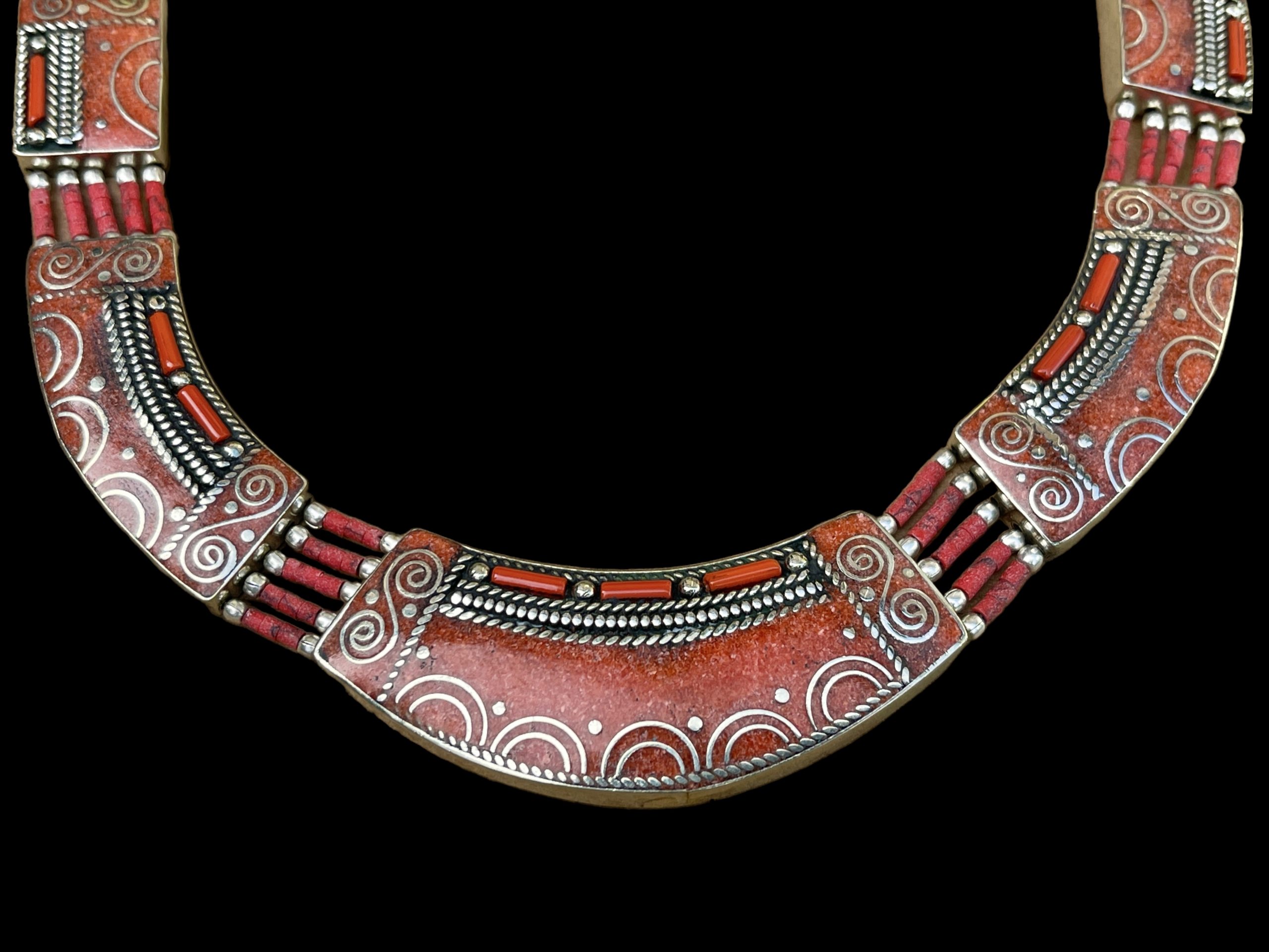 A Nepalese Silver Plated Curved Necklace , Decorated With Red Enamelled Patterned Panels And Lines Of Small Red Glass Beads. - Image 2