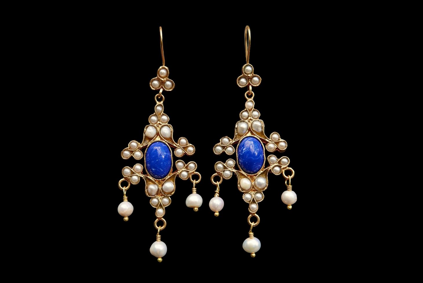 A Pair Of Gold Plated Drop Earrings, Each With A Lapis Lazuli Oval Centre, And Small White Freshwater Pearl Inlays And Pendants.