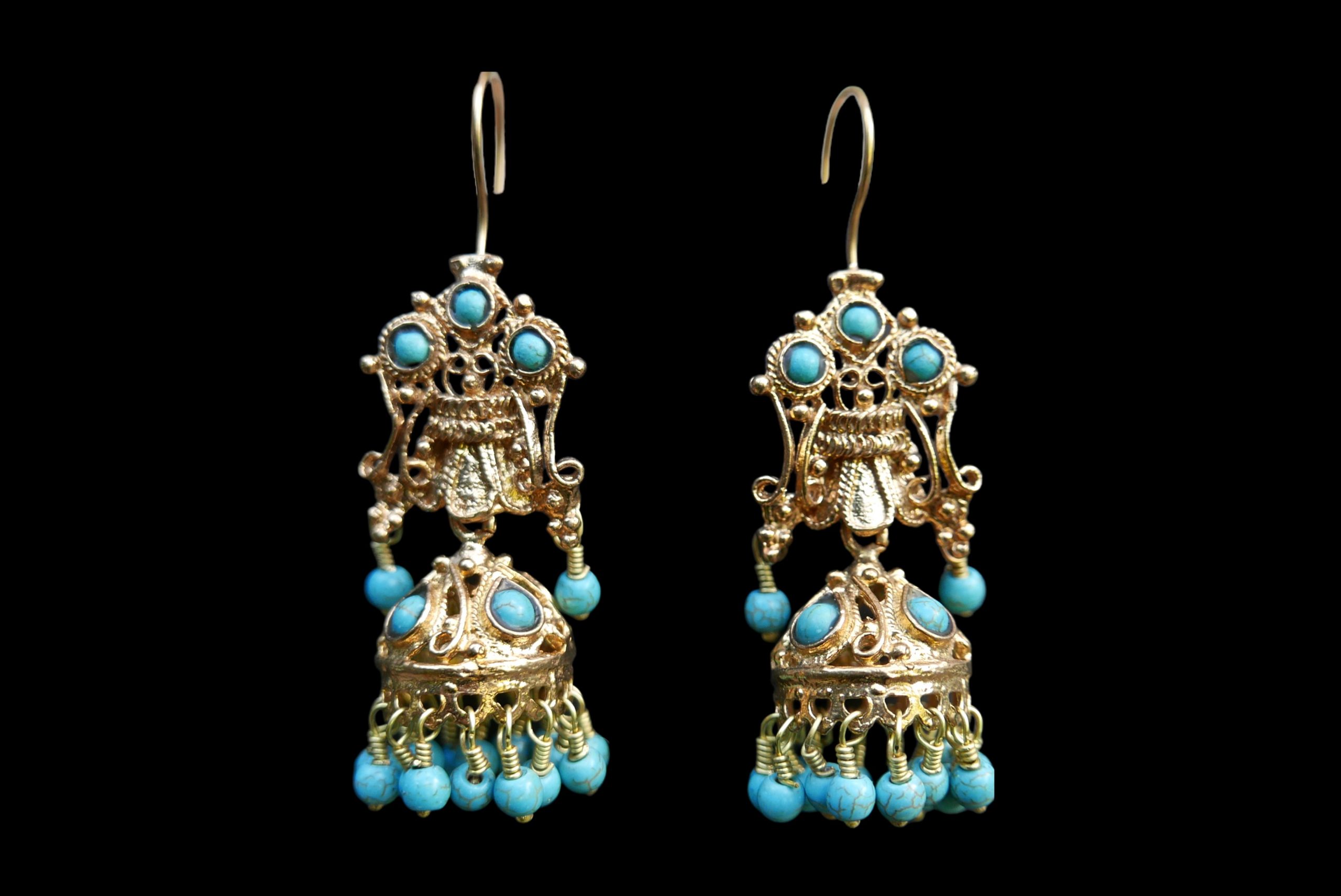 A Pair Of Gold Plated Filigree Patterned Chandelier Earrings Decorated With Small Turquoise Round Beads.
