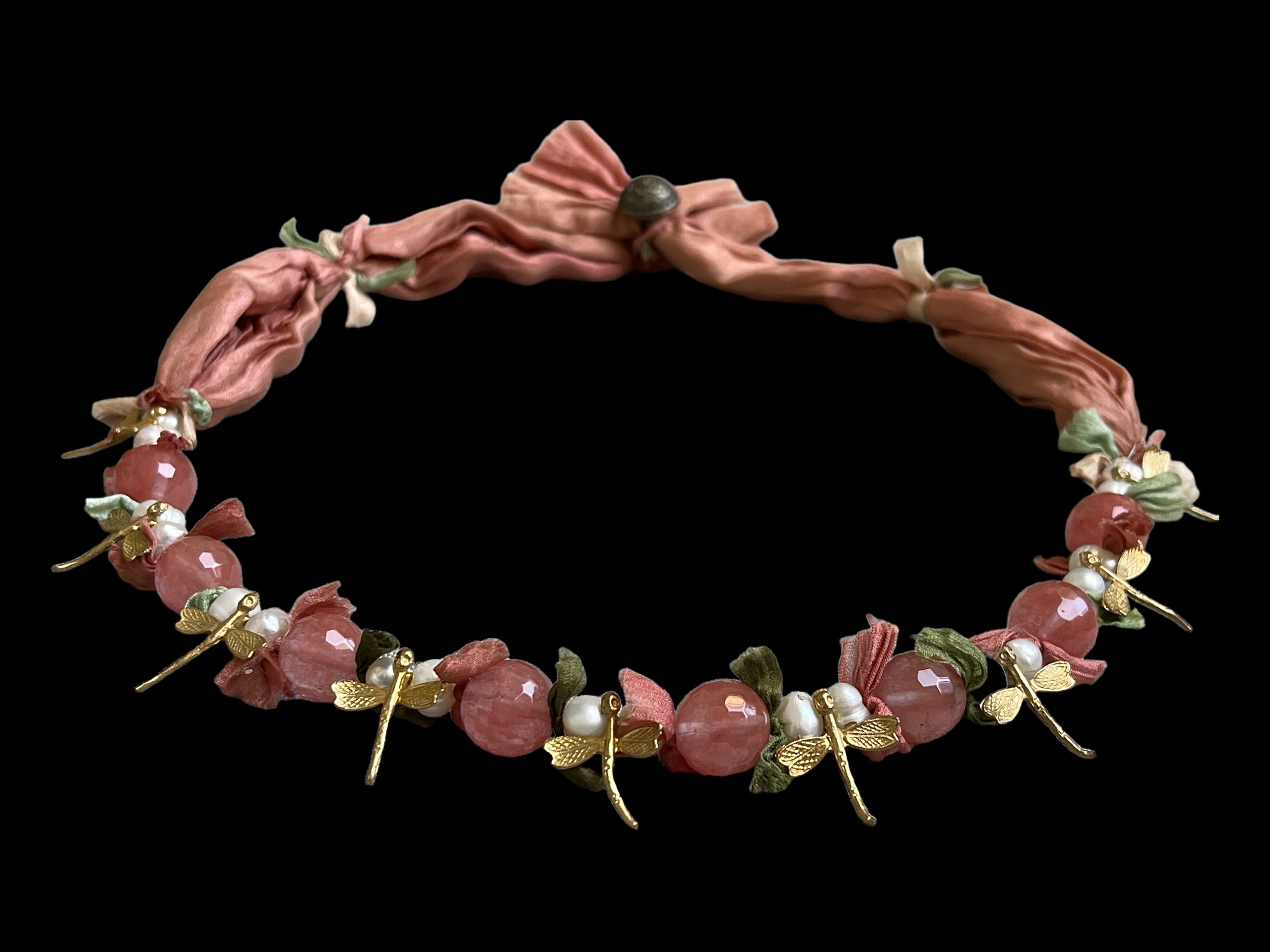 A Pink Silk Necklace Decorated With Gold Plated Dragonflies, Round Facetted Cherry Quartz & White Freshwater Pearls. - Image 2