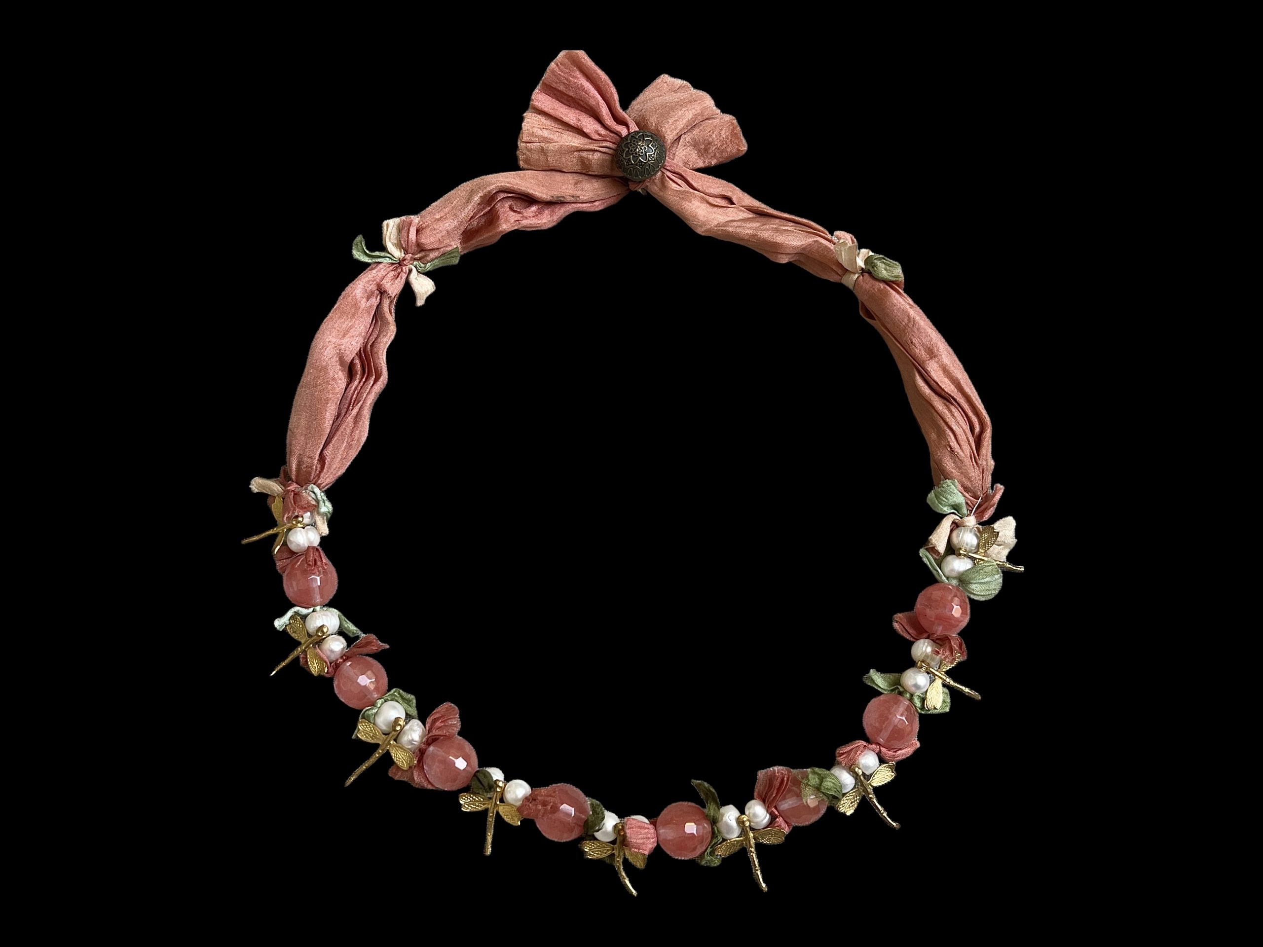 A Pink Silk Necklace Decorated With Gold Plated Dragonflies, Round Facetted Cherry Quartz & White Freshwater Pearls.