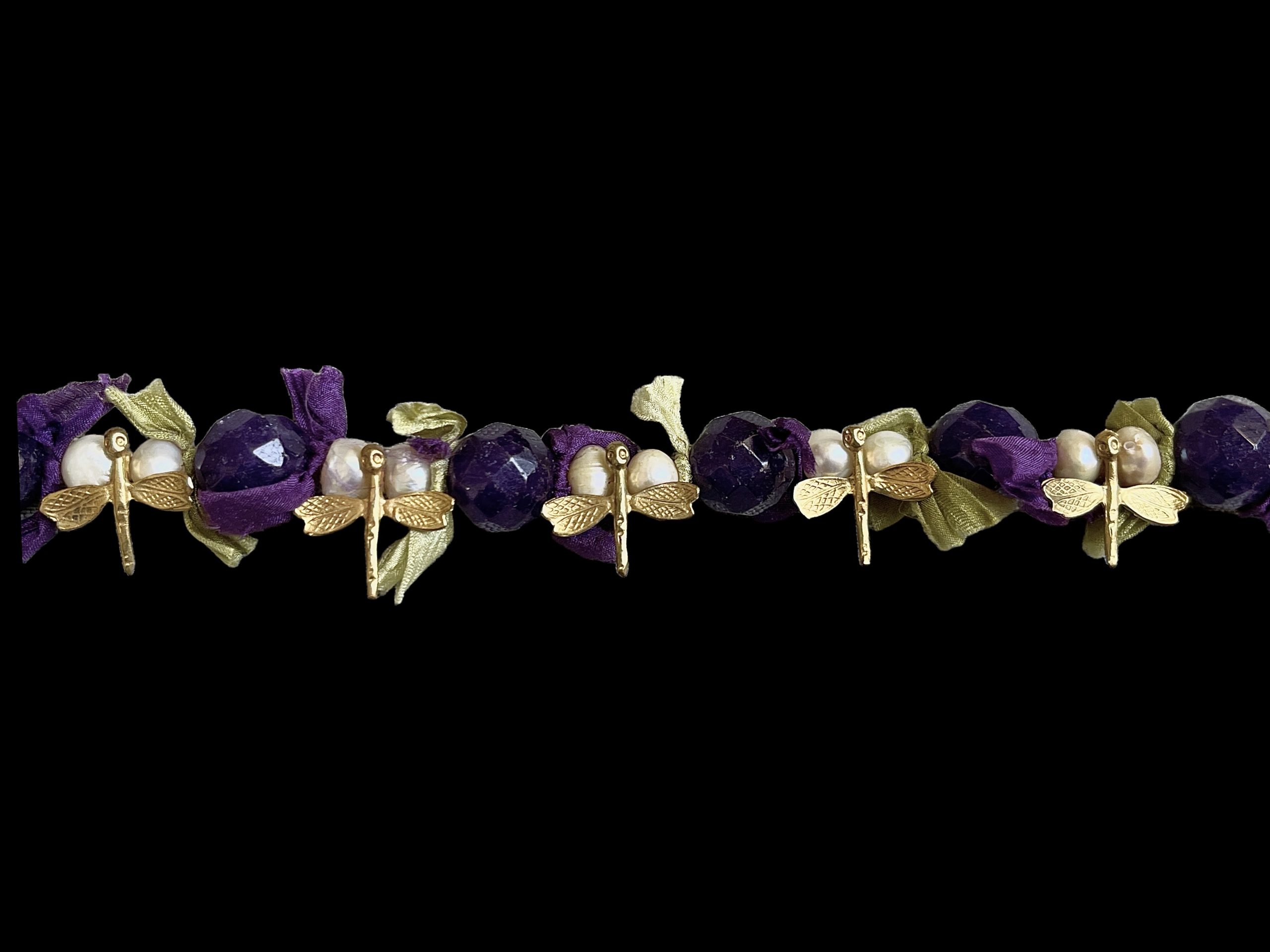 A Purple Silk Bands Necklace, With Gold Plated Dragonflies, Black Facetted Onyx Beads, White Freshwater Pearls, And Silk Ribbons. - Image 3