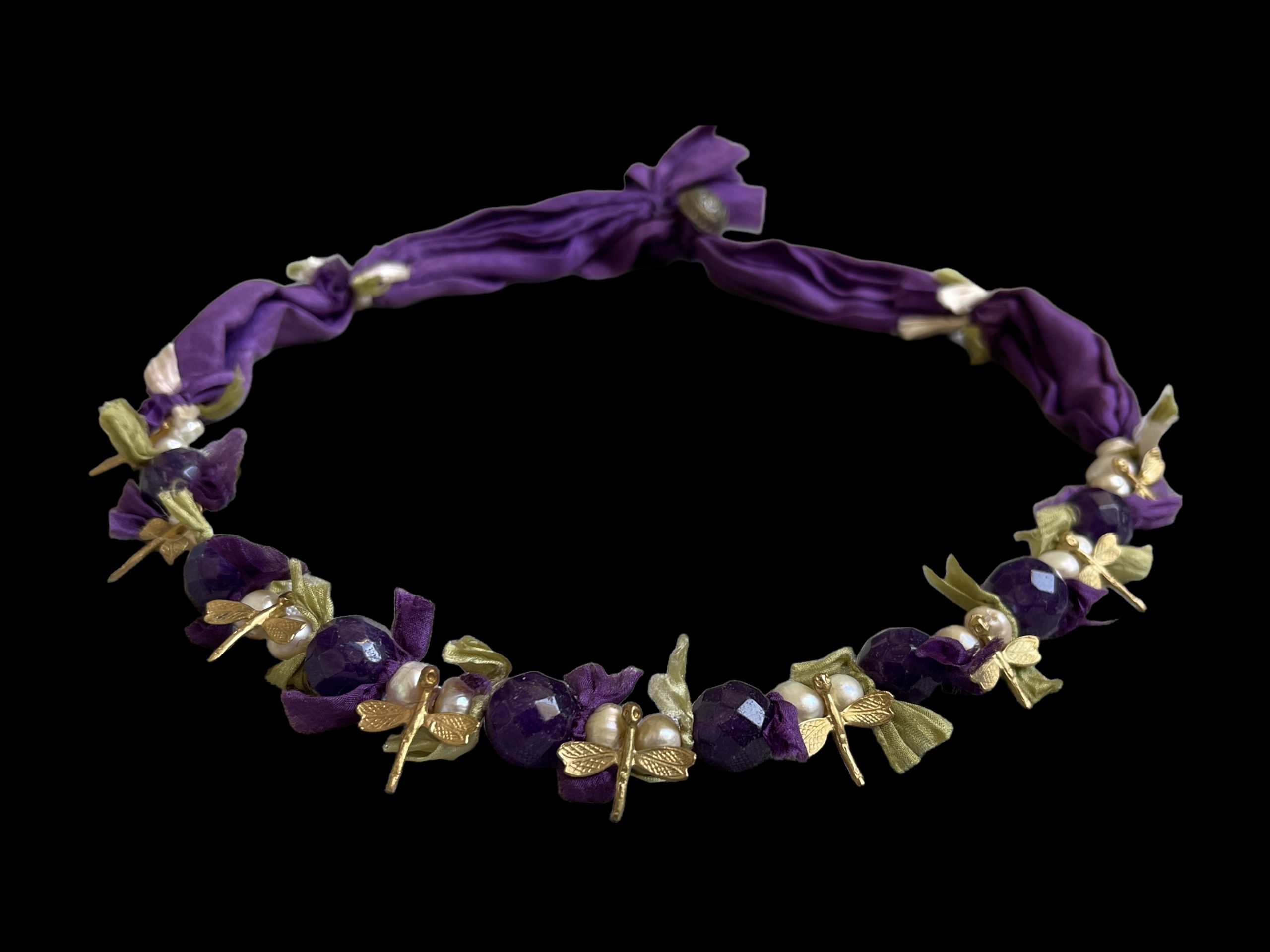 A Purple Silk Bands Necklace, With Gold Plated Dragonflies, Black Facetted Onyx Beads, White Freshwater Pearls, And Silk Ribbons. - Image 2