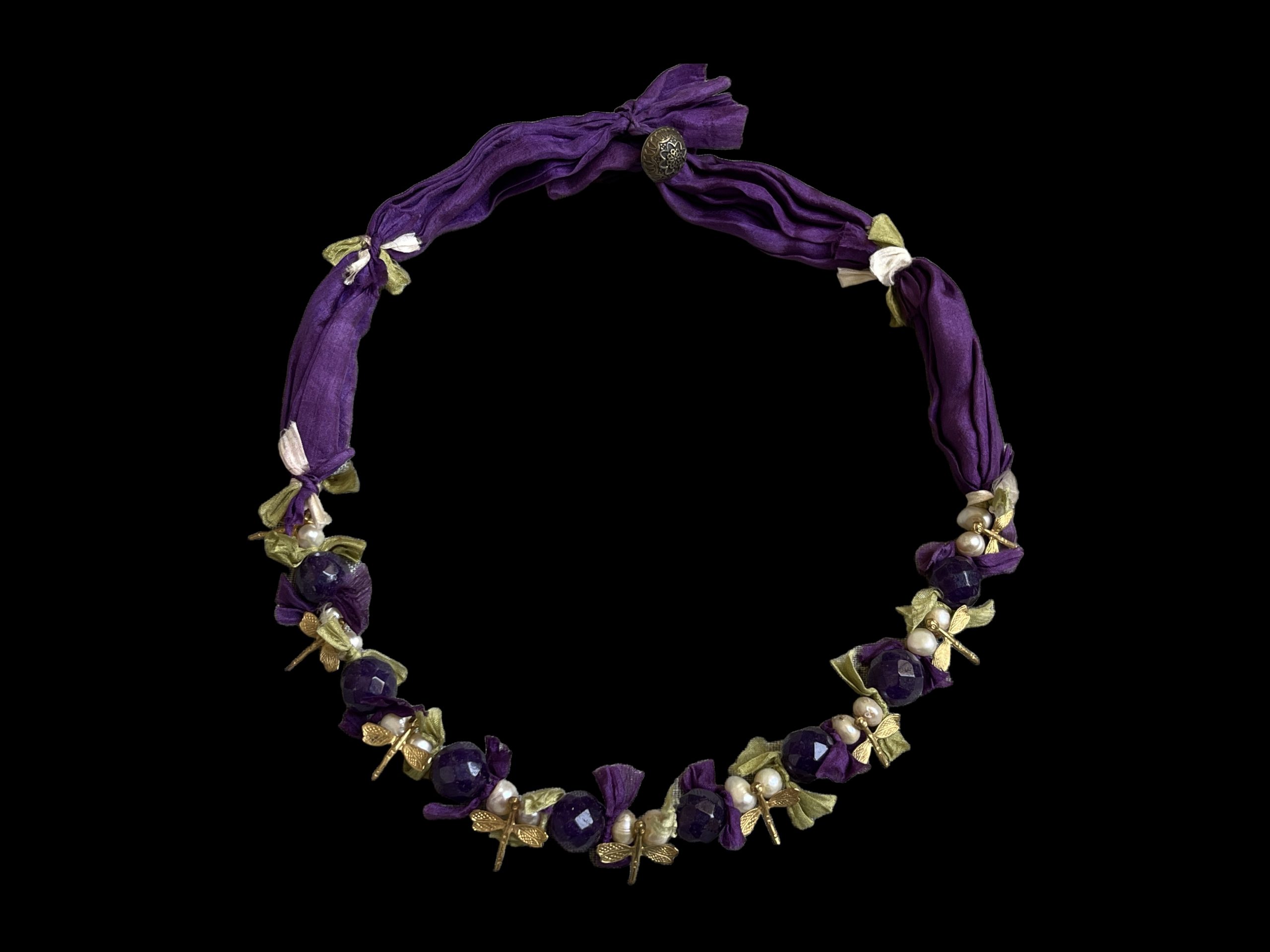 A Purple Silk Bands Necklace, With Gold Plated Dragonflies, Black Facetted Onyx Beads, White Freshwater Pearls, And Silk Ribbons.