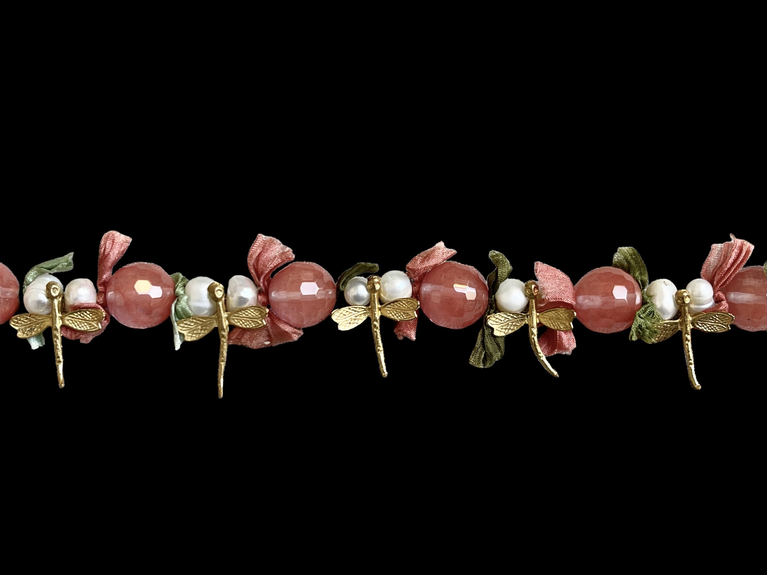 A Pink Silk Necklace Decorated With Gold Plated Dragonflies, Round Facetted Cherry Quartz & White Freshwater Pearls. - Image 3