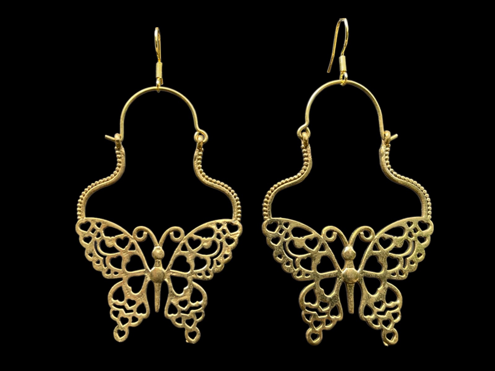 A Pair Of Balinese Brass Butterfly Filigree Patterned Hoop Earrings, Suspended From Gold Plated Wire Hooks.
